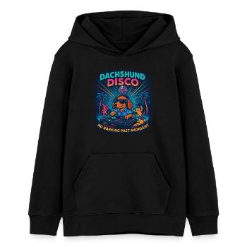 Dachshund Disco – Pas d’aboiements la nuit - Sweat à capuche ado bio Stanley/Stella - noir - Devant - AI Model Teenager Male light (155cm)