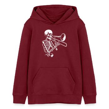 Skeleton Trumpet Jazz Silhouette - Teens Organic Hoodie by Stanley/Stella - burgundy - Front - AI Model Teenager Male dark (155cm)