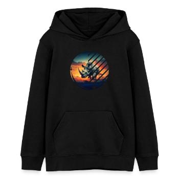 Geometric Rhino Sunset Scene - Teens Organic Hoodie by Stanley/Stella - black - Front - AI Model Teenager Male light (155cm)