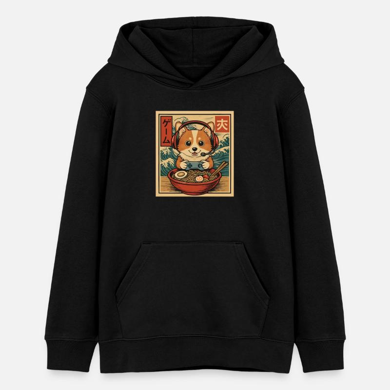 Ramen Corgi Gaming Anime Nouilles japonaises - Sweat à capuche ado bio Stanley/Stella - noir