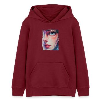 Close-up Portrait with Blue Eyes drawing - Teens Organic Hoodie by Stanley/Stella - burgundy - Front - AI Model Teenager Male dark (155cm)