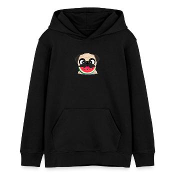 Pug with Watermelon, Fruity Dog Design - Teens Organic Hoodie by Stanley/Stella - black - Front - AI Model Teenager Male light (155cm)