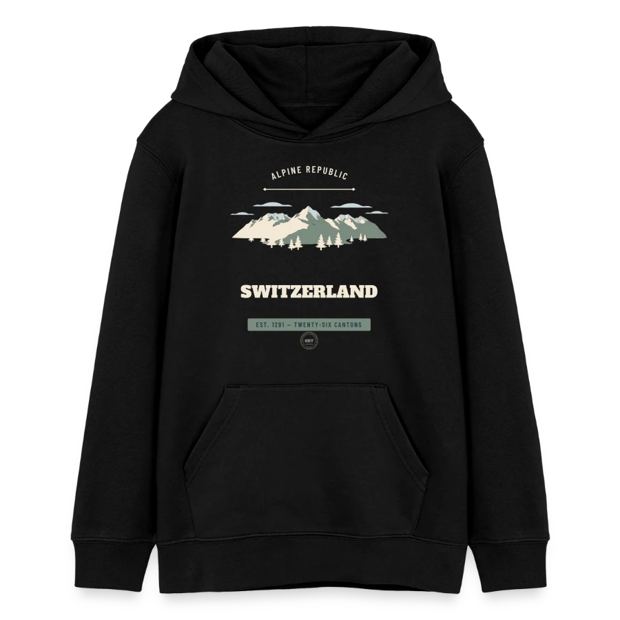 Switzerland badge on a teens organic hoodie by stanley/stella, black