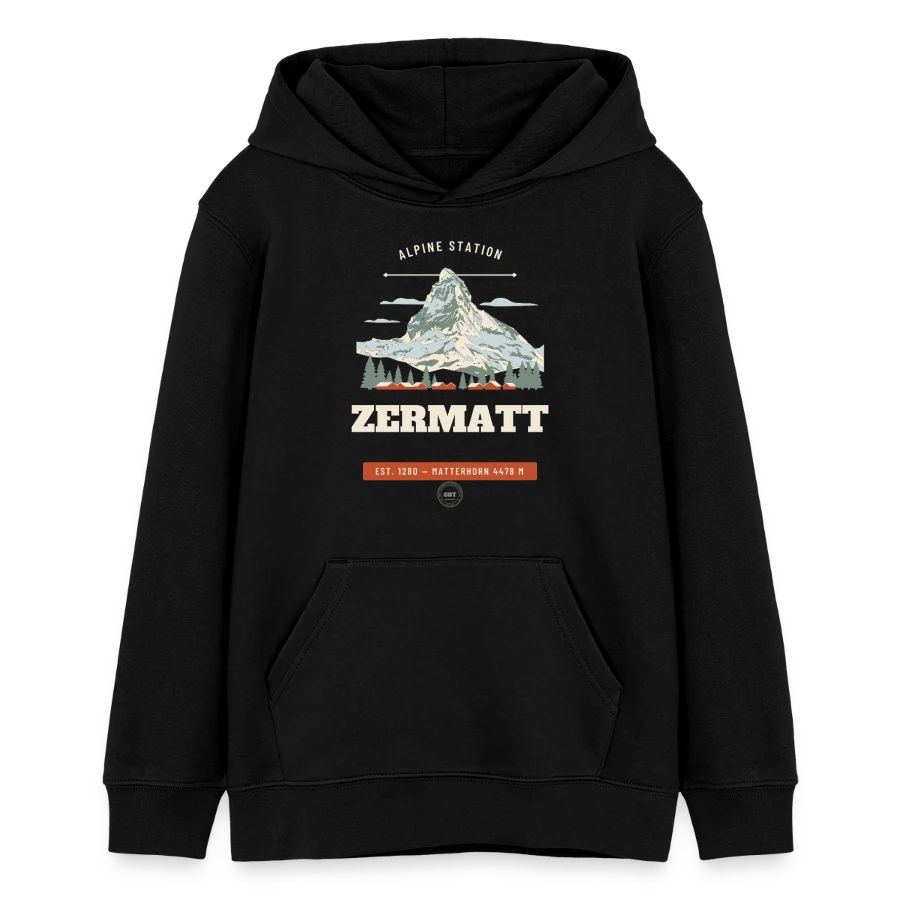 Zermatt badge on a teens organic hoodie by stanley/stella, black
