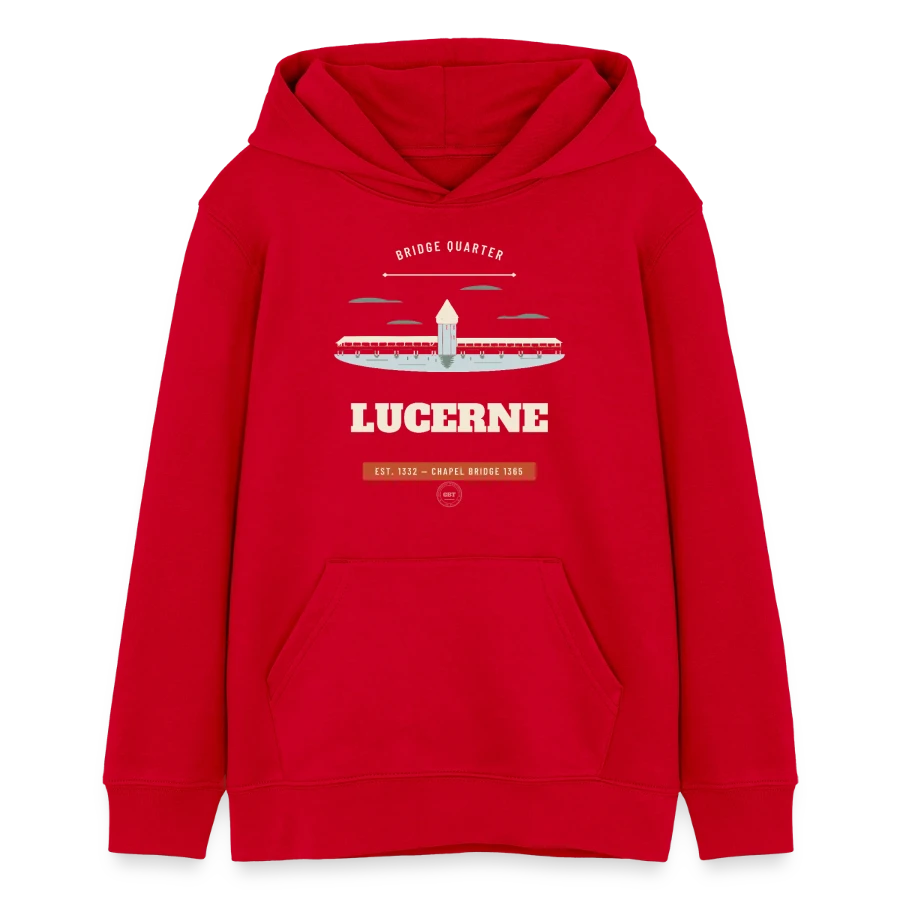 Lucerne badge on a teens organic hoodie by stanley/stella, red