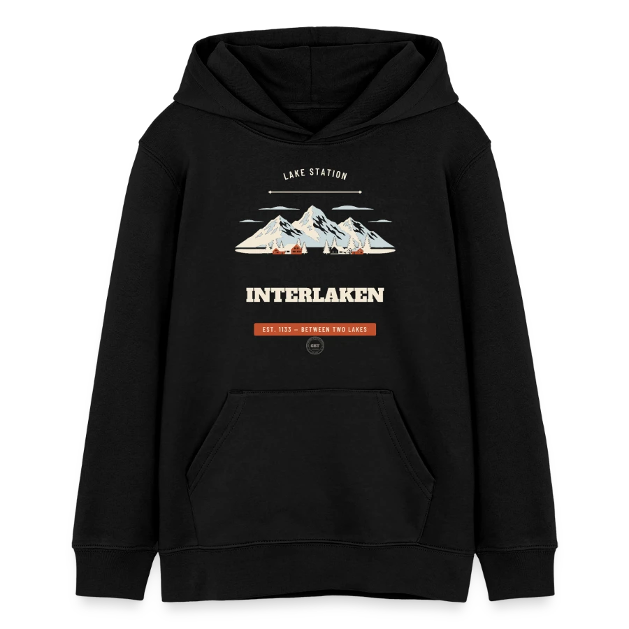 Interlaken badge on a teens organic hoodie by stanley/stella, black