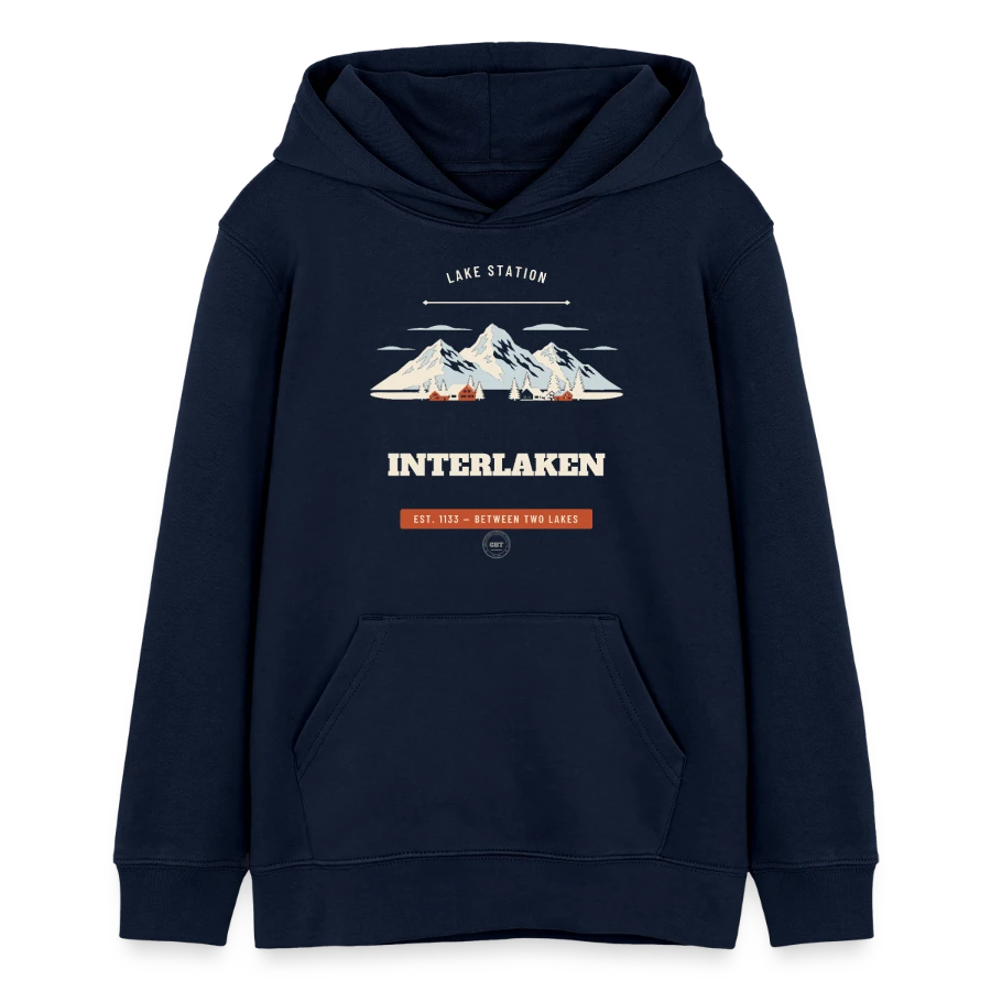 Interlaken badge on a teens organic hoodie by stanley/stella, navy