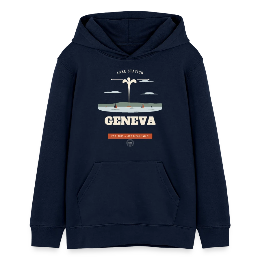 Geneva badge on a teens organic hoodie by stanley/stella, navy