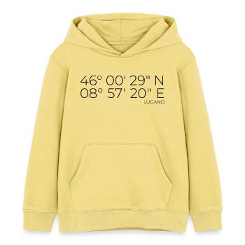 Coordinates: Lugano, Canton of Ticino - Kids Organic Hoodie by Stanley/Stella - viva yellow  - Front - AI Model Kid Male (0cm)