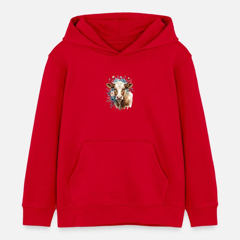Portrait de vache avec une couronne de fleurs - Sweat à capuche enfant bio Stanley/Stella - rouge