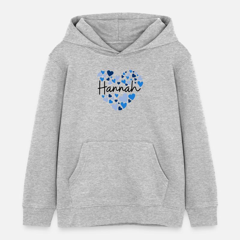 Hannah Name Design avec des cœurs bleus en forme de cœur - Sweat à capuche enfant bio Stanley/Stella - gris chiné