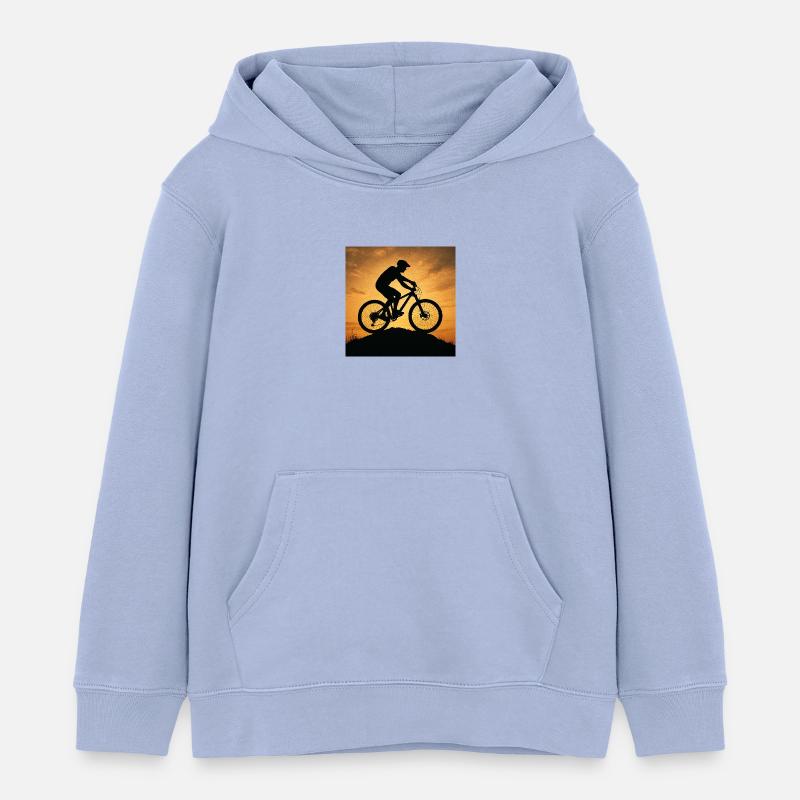 Silhouette du VTT au coucher du soleil - Sweat à capuche enfant bio Stanley/Stella - ciel