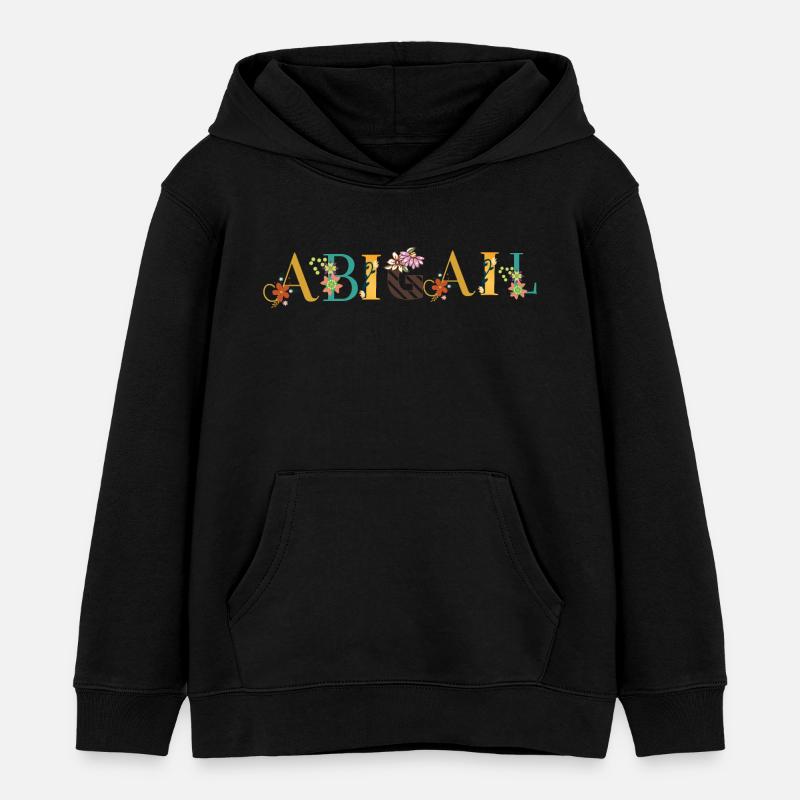 Art du nom ABIGAIL avec des fleurs brodées - Sweat à capuche enfant bio Stanley/Stella - noir