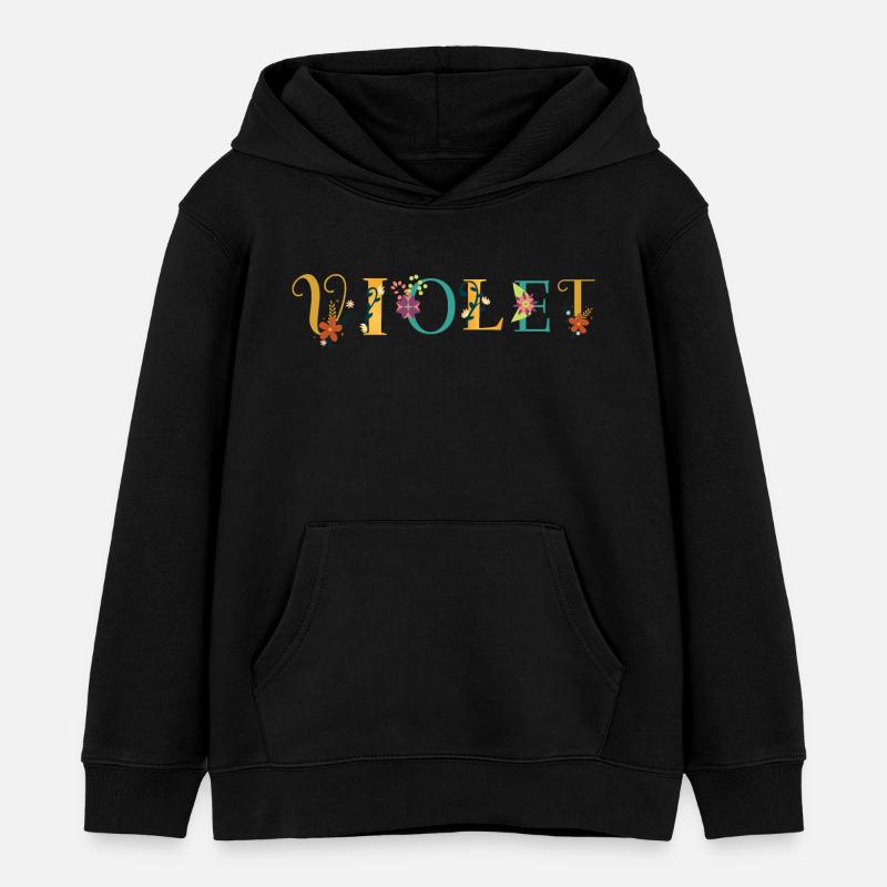 VIOLET Nom Art avec des fleurs brodées - Sweat à capuche enfant bio Stanley/Stella - noir
