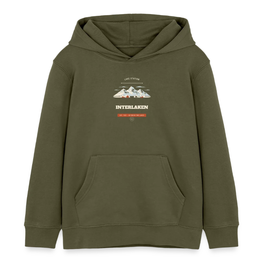 Interlaken badge on a kids organic hoodie by stanley/stella, khaki