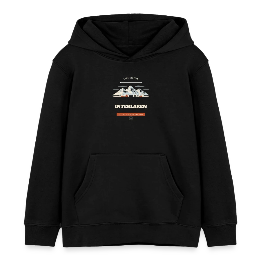 Interlaken badge on a kids organic hoodie by stanley/stella, black