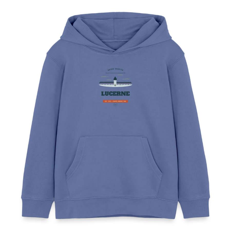 Lucerne badge on a kids organic hoodie by stanley/stella, bright blue