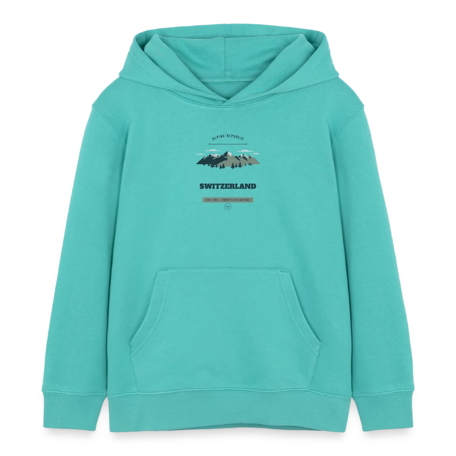 Switzerland badge on a kids organic hoodie by stanley/stella, pool blue