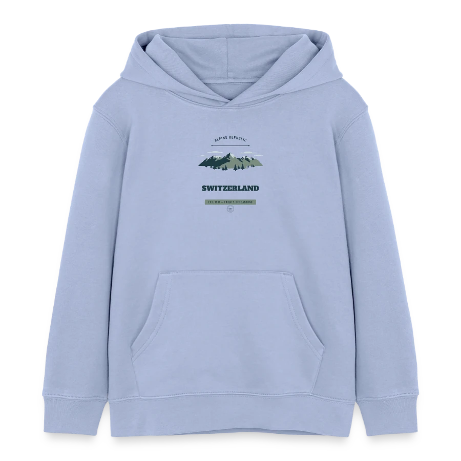 Switzerland badge on a kids organic hoodie by stanley/stella, sky