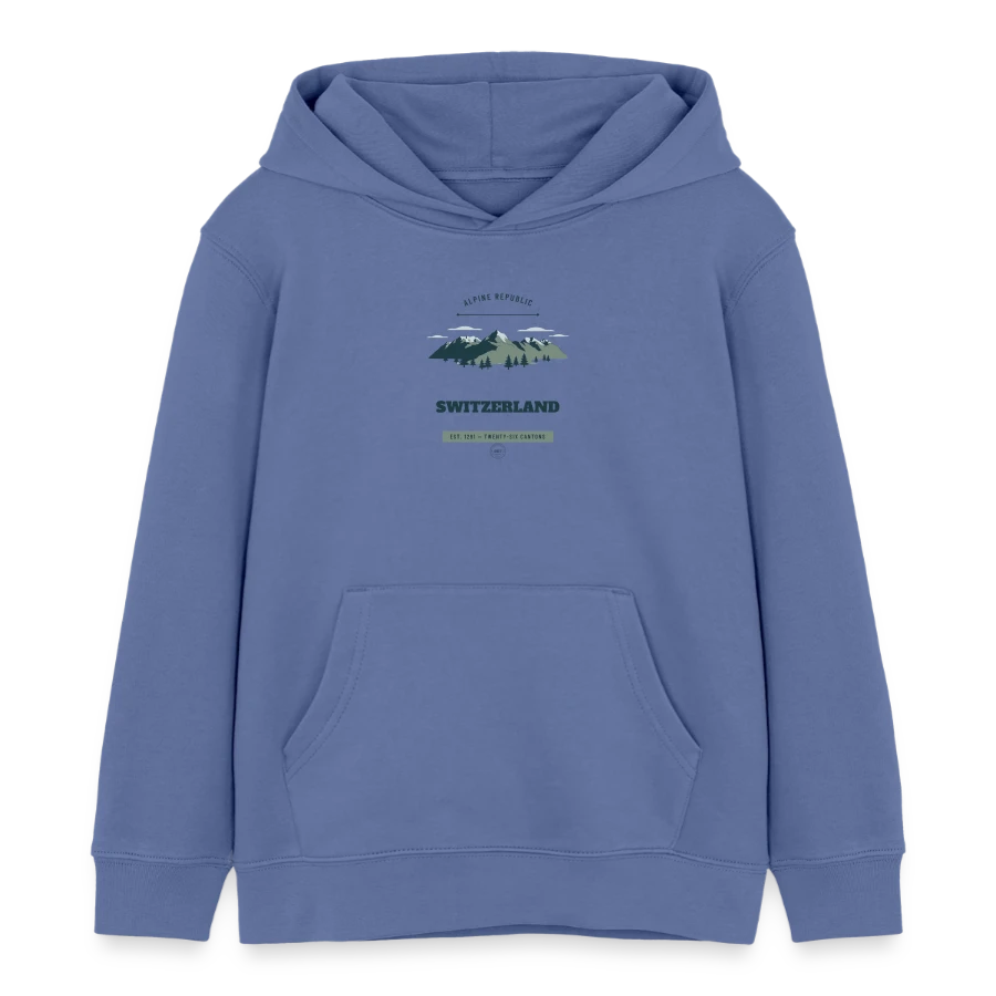Switzerland badge on a kids organic hoodie by stanley/stella, bright blue