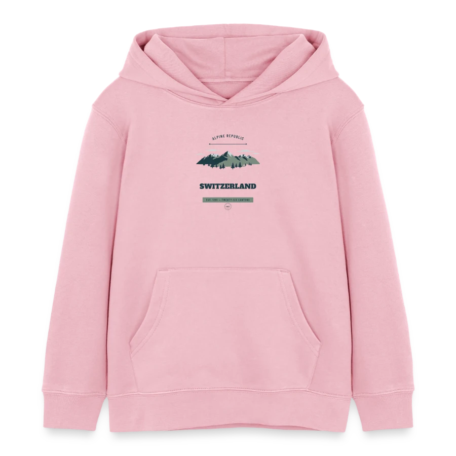 Switzerland badge on a kids organic hoodie by stanley/stella, cotton pink