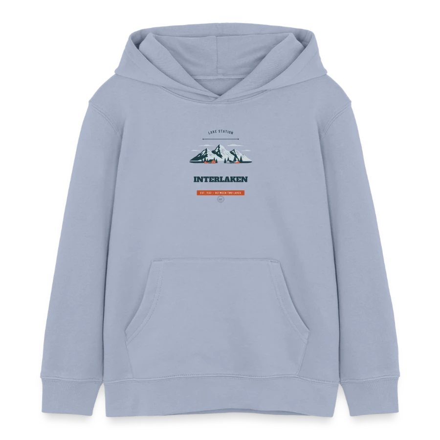 Interlaken badge on a kids organic hoodie by stanley/stella, lavender-violet