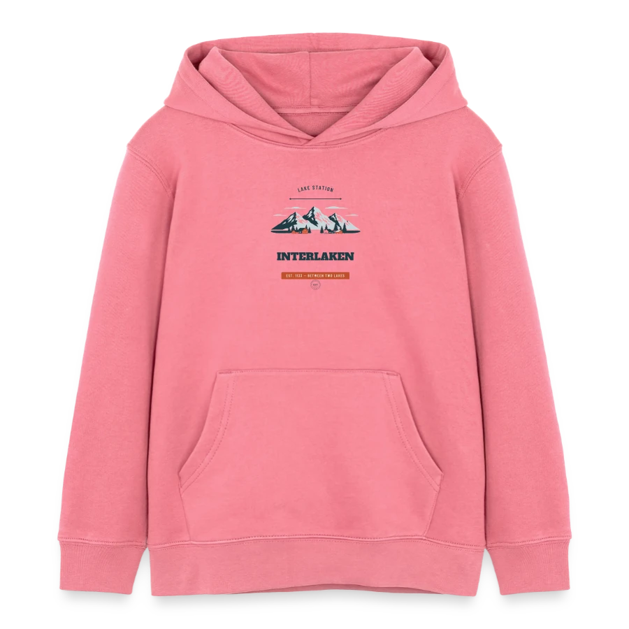 Interlaken badge on a kids organic hoodie by stanley/stella, pink joy 