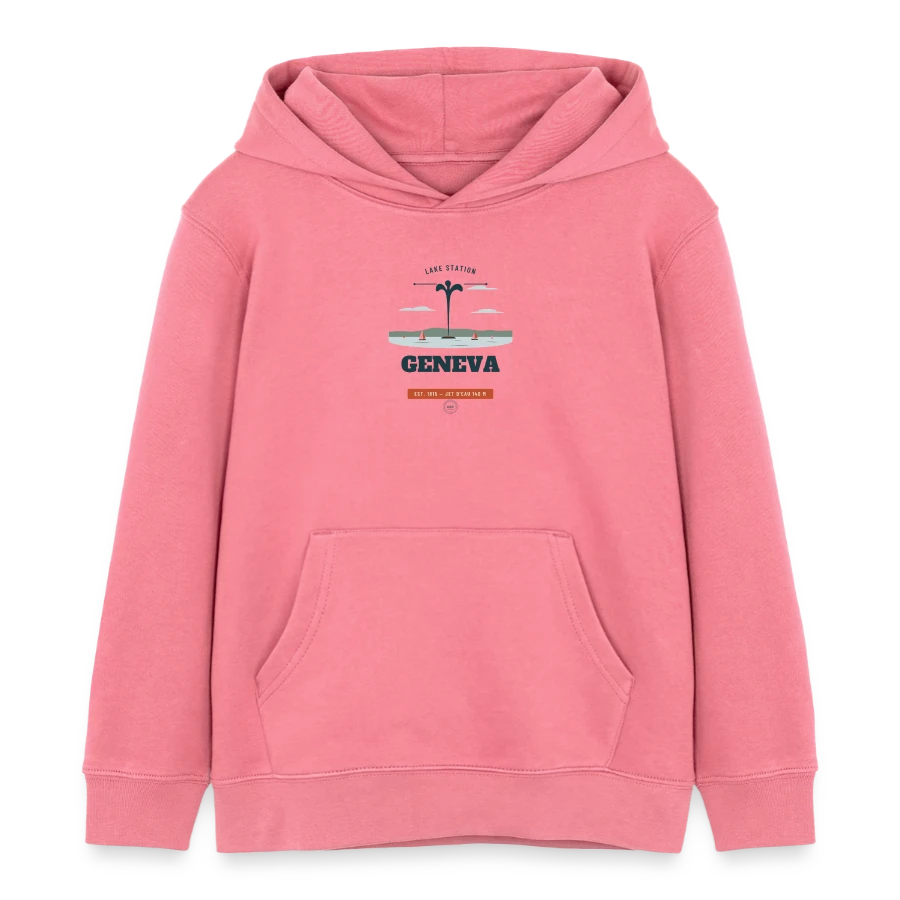 Geneva badge on a kids organic hoodie by stanley/stella, pink joy 