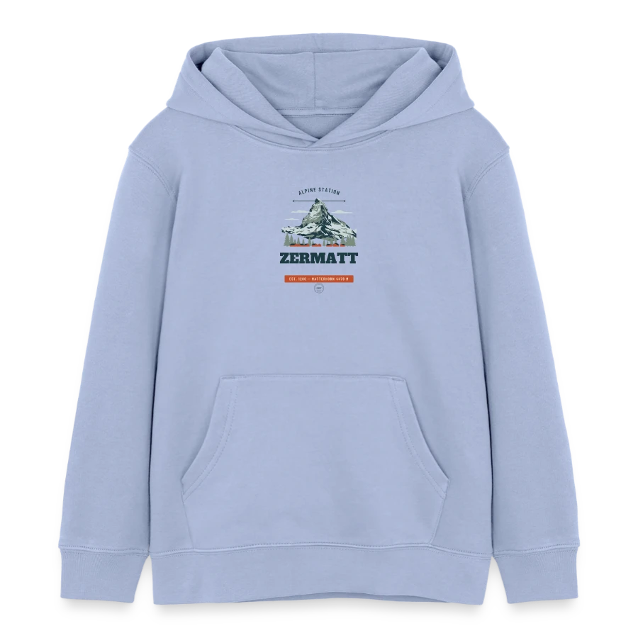 Zermatt badge on a kids organic hoodie by stanley/stella, sky