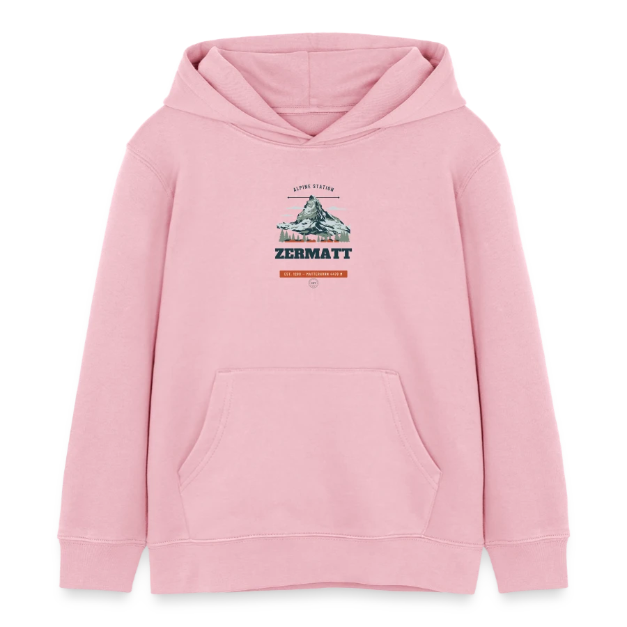 Zermatt badge on a kids organic hoodie by stanley/stella, cotton pink