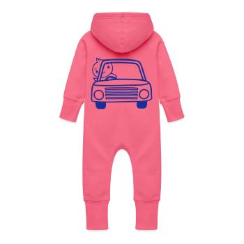 Duck waving car driver driving fast vehicle - Baby Organic Sweat Overalls With Hood - fuchsia - Back