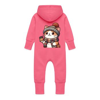 niedliche Katze mit Kaffee und Winteroutfit - Baby Bio Sweat Overall mit Kapuze - Fuchsia - Hinten