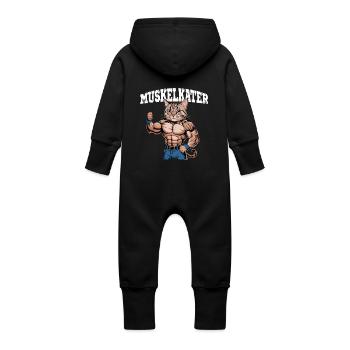 Sore Cat Funny Muscleman Fitness Humor - Baby Organic Sweat Overalls With Hood - vanilla - Back