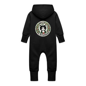 Merry Christmas Tuxedo Cat Holiday Art - Baby Organic Sweat Overalls With Hood - vanilla - Back