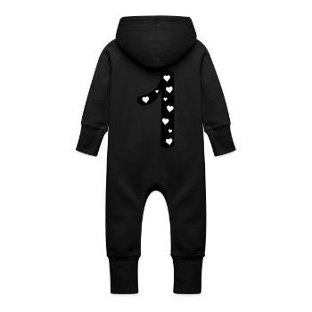 1 birthday with heart - Baby Organic Sweat Overalls With Hood - black - Back