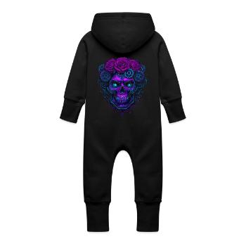 Neon Cybernetic Skull with Pink Gears - Baby Organic Sweat Overalls With Hood - black - Back