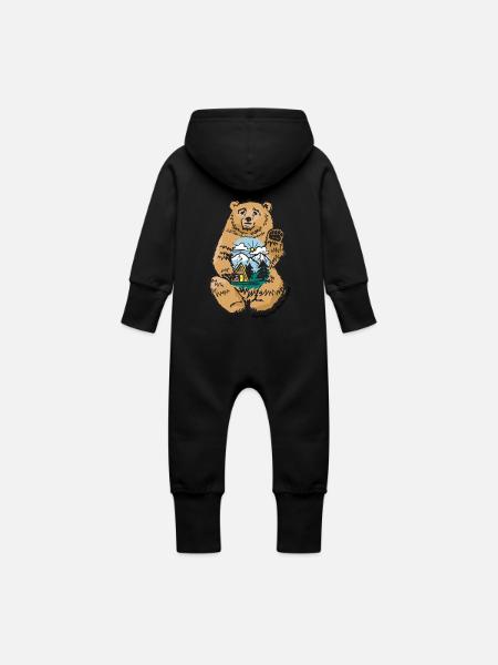 Happy belly bear - Baby Organic Sweat Overalls With Hood - black