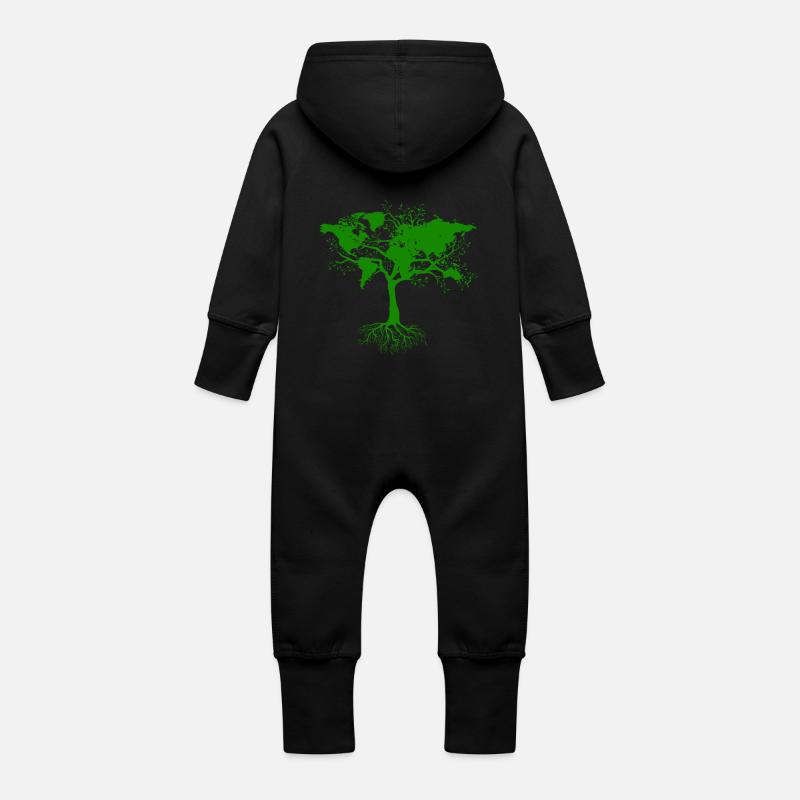 Baum mit Weltkarten grün - Baby Bio Sweat Overall mit Kapuze - Schwarz