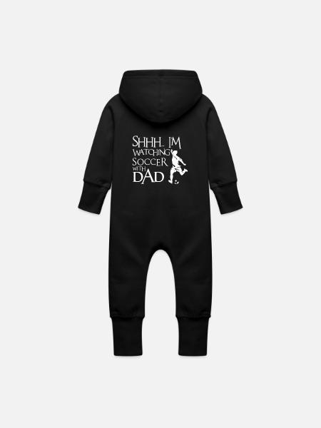 Shhh jeg ser på fotball med pappa - Funny baby body - Økologisk sweat-overall med hette for spedbarn - svart