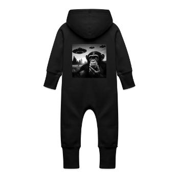 Chimp Monkey Ape Funny Selfie with UFOs Weird Alie - Baby Organic Sweat Overalls With Hood - black - Back