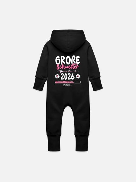 Große Schwester 2026 Loading - Baby Bio Sweat Overall mit Kapuze - Schwarz