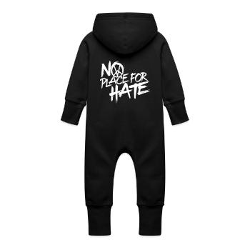 No Place for Hate Message of Peace Against Hate - Baby Organic Sweat Overalls With Hood - vanilla - Back