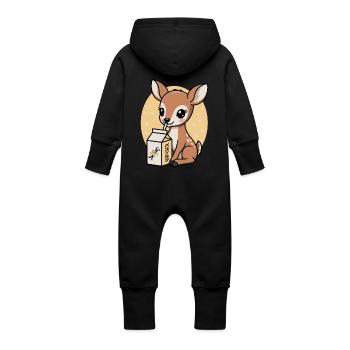 Kawaii Hirsch Trinken Vanille Milch Cartoon Tier - Baby Bio Sweat Overall mit Kapuze - Schwarz - Hinten