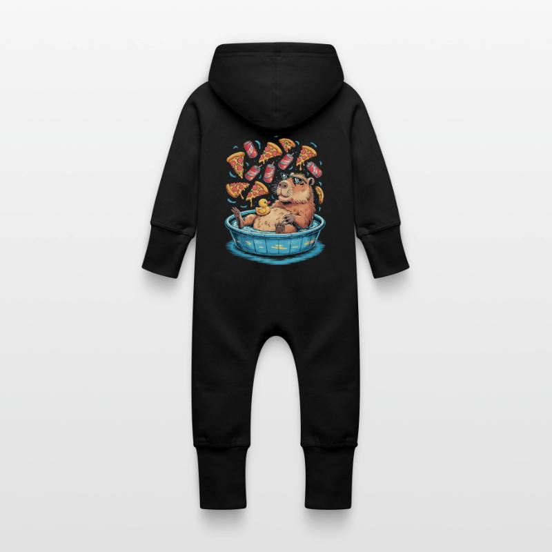 Capybara chill zone - pizza, soda, relaxation Baby Organic Sweat Overalls With Hood