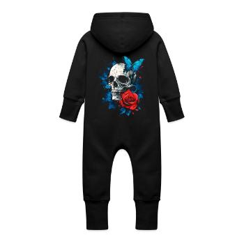 Skull Skull Butterfly Rose Flower - Baby Organic Sweat Overalls With Hood - black - Back