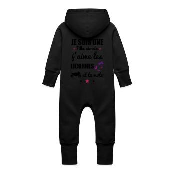Fille simple licorne moto, motarde, cadeau licorne - Grenouillère à capuche bio en molleton Bébé - noir - Dos