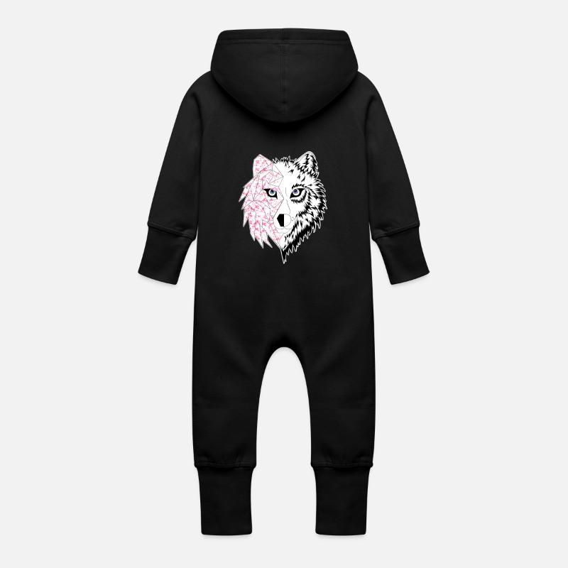 loup origami rose - Grenouillère à capuche bio en molleton Bébé - noir