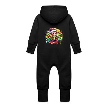 Monkey with Santa hat eating banana Christmas - Baby Organic Sweat Overalls With Hood - black - Back