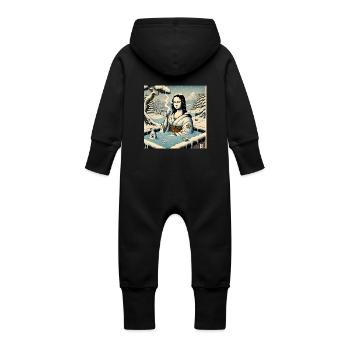 Mona Lisa trinkt Sake im Onsen - Baby Bio Sweat Overall mit Kapuze - Schwarz - Hinten