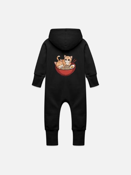 Japanese Kawaii Cat - Baby Organic Sweat Overalls With Hood - black